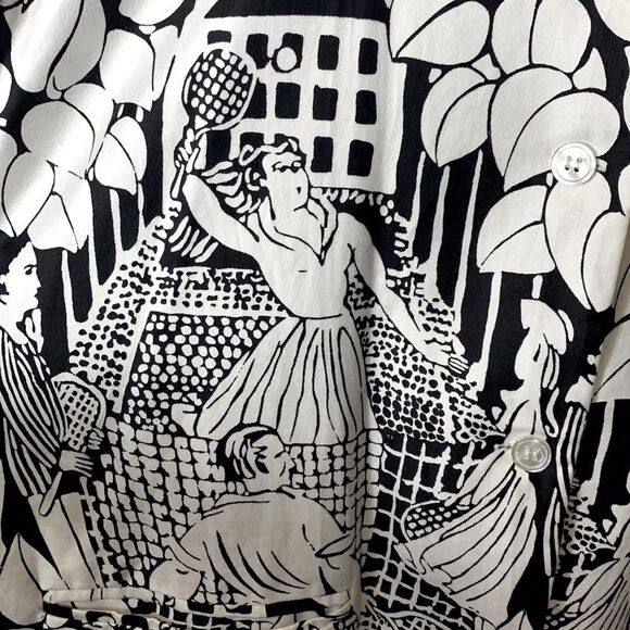 Vintage 80s Gil Aimbez Black White Tennis Player Print SS Button Up Tunic Sz 10 - Picture 4 of 15